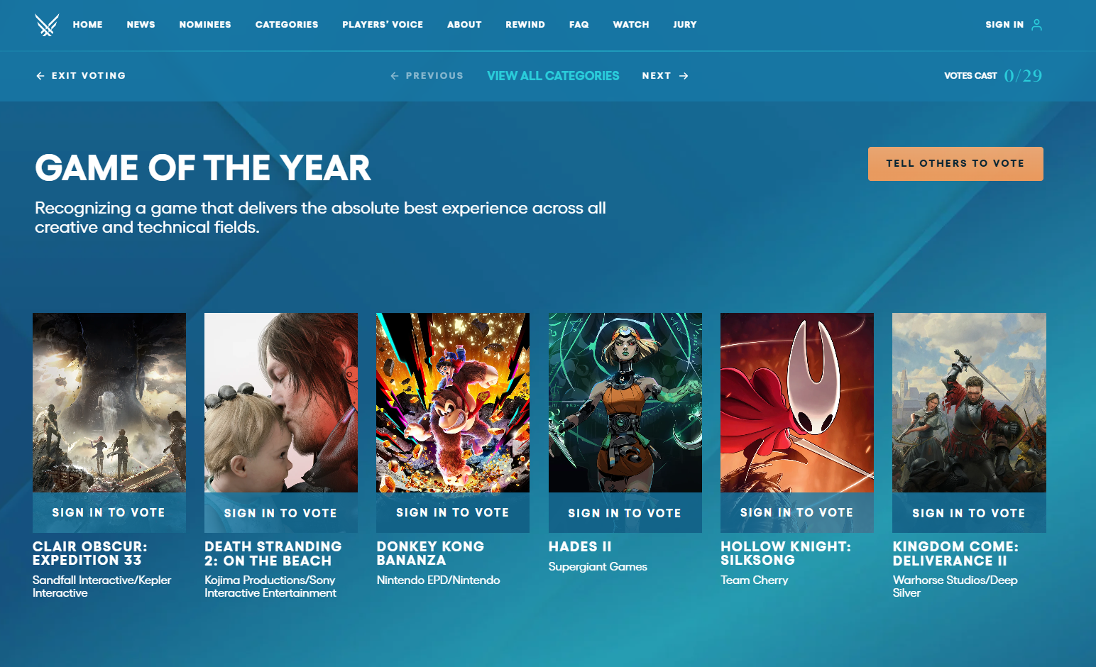 Laman Website https://thegameawards.com/nominees/game-of-the-year yang menampilkan nominasi GOTY 2025